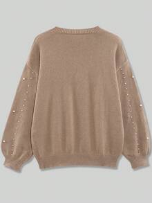 European & American Style Elegant Plus Size Women Pearl Embellished Knit Crew Neck Sweater, Autumn/Winter - Khaki - View 5