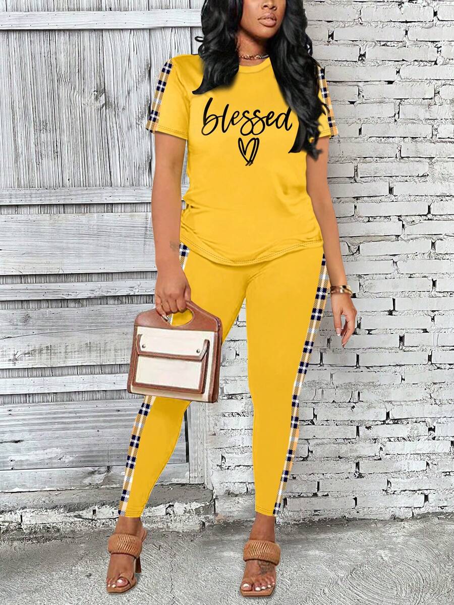 Contrast Plaid Round Neck Slim Fit Short Sleeve Set - Yellow - View 1