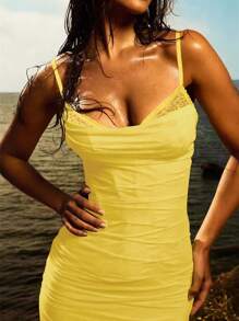 Women's Sexy Fitted Mesh & Lace Splice Ruffle Hem Split Cocktail Party Dress, Wedding Guest Dress, Suitable For Spring & Summer - Yellow - View 2