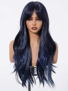 Multicolor Synthetic Wig With Bangs Black Mix Blue Long Natural Curly Wig For Women Daily Party Cosplay Wigs For Girls