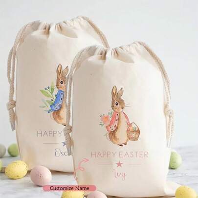 Personalised Custom Name Pink Blue Bunny Rabbit 2025 Happy Easter Bag Egg Hunt Game Party Basket Son Daughter 1st First Easter Family Friend Neighbor Gift Sack Toy Bucket Home Garden Spring Decoration