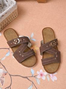 Sandalias planas casuales y versátiles con suela desgastada y cuentas en color café retro clásico - Café integral - Ver 6