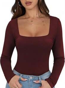 KAHULE WomensSquare Neck Tops Fashion Slim Fit  Long Sleeve Shirts - Burgundy - View 1