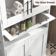 Gabinete de baño alto, gabinete de cocina con puertas de vidrio y estante ajustable, gabinete de piso independiente para sala de estar, lavadero, hogar, oficina