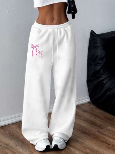 Women Bowknot Print Sweatpants, Minimalist, Youthful, Campus Style, Fashion, Casual, Commuting, Sports, Fitness, Outdoor