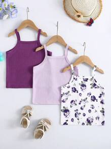 3pcs Girls Floral Print & Solid Ribbed Camisole Top Set, Comfortable