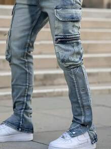 男士时尚街头风格多口袋紧身牛仔裤 - 中等水洗藍 - 查看 5