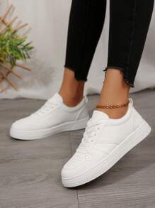 Nuevos tenis casuales blancos de mujer con cordones y puntera redonda, adecuados para estudiantes, uso al aire libre y caminar diario, para primavera/otoño