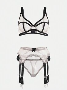 女士性感内衣胸罩网眼镂空夜店狂野舞台表演服装 3 件套 - 卡其色 - 查看 1