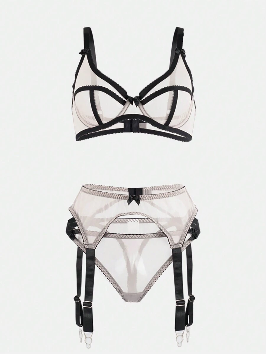 女士性感内衣胸罩网眼镂空夜店狂野舞台表演服装 3 件套 - 卡其色 - 查看 1