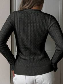 Apperloth A Women's Spring Casual Thin And Soft V Neck Long Sleeve Slim Fit Fitted Cropped Cable Knit Sweater Basic Pullover Top - màu đen - Xem 3