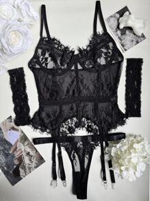 Ropa interior para mujeres, conjunto de corpiño de encaje y tanga con liguero
