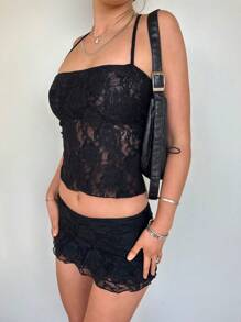 Women Sexy 2 Pieces Floral Lace Skirt Set Criss Halter Lace Up Backless Cami Tank Top Low Rise Bodycon Mini Skirt Paty Clubwear - màu đen - Xem 4