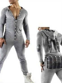 Casual Men Bodysuit, Long Sleeve Rabbit Ears Hooded Button Collar Long Trousers Openable Hip For Autumn - Light Grey - View 2