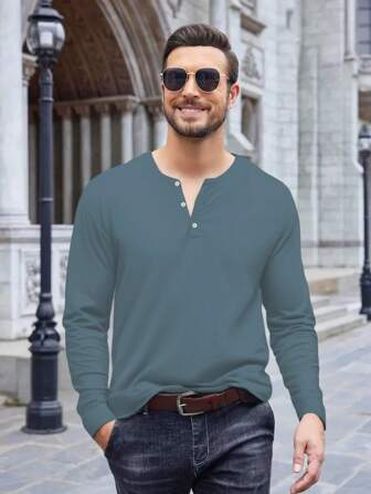 Spring Autumn New Men Long Sleeve Solid Color Round Neck Henry's Shirt Men Sport T Shirt