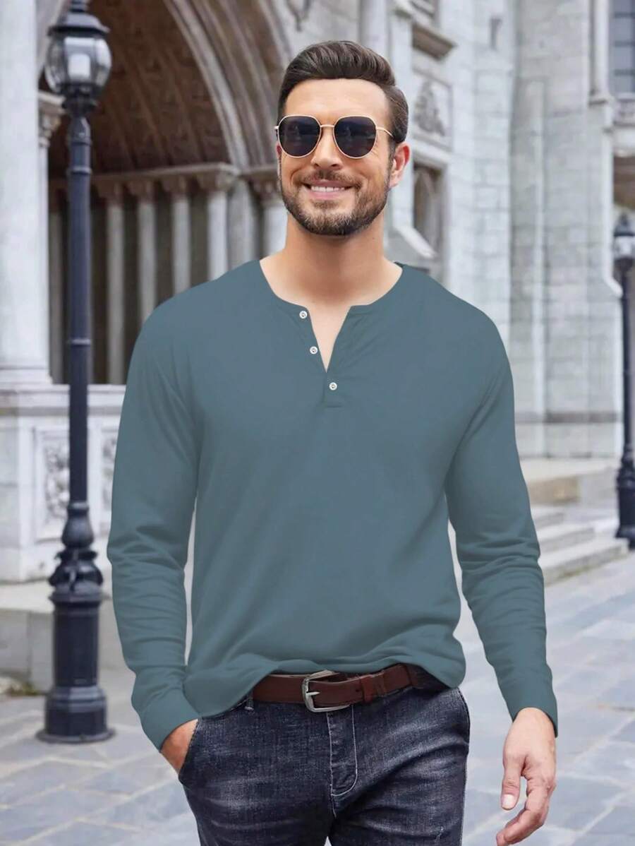 Spring Autumn New Men Long Sleeve Solid Color Round Neck Henry's Shirt Men Sport T Shirt