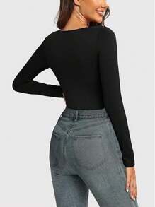 KAHULE WomensSquare Neck Tops Fashion Slim Fit  Long Sleeve Shirts - màu đen - Xem 2