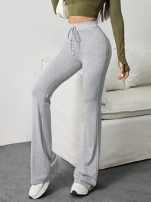 1pc Fashion Minimalist High Waist Slimming Drawstring Casual Comfortable Solid Color Flare Workout Maxi Pants, Spring/Summer