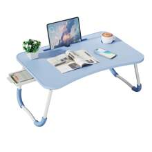 Foldable Laptop Lap Desk With Cup Holder And Drawer - Portable Dining Bed Tray For Eating, Writing, Sofa And Floor Use - 黑胡桃木 - 查看 9