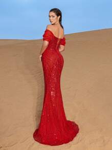 Faeriesty 优雅露肩亮片美人鱼晚礼服，曳地长拖尾——修身喇叭裙摆，精致的全身珠饰，适合红毯活动、奢华婚礼和正式晚宴等春季场合。 - 紅色 - 查看 3