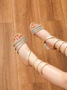 Girls' Gold High Heel Sandals, Children Rhinestone Summer Shoes