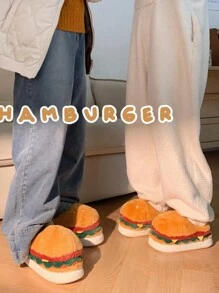 男士休闲可爱汉堡趣味设计毛绒保暖拖鞋，秋冬季室内家居拖鞋