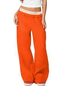 Women Y2k Wide Leg Baggy Sweatpants Elastic Waist Low Rise Joggers Plaid Patchwork Workout Running Going Out Pants With Pockets Casual Athletic Trousers For Sports Hip-Hop Track Pants Vintage Streetwear - 橘色 - 查看 1