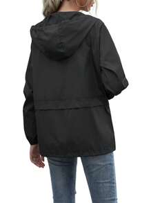 Women Water Resistant Hooded Jacket, Solid Color Zipper Open Front Drawstring Coat, L/ XL/ XXL - Black - View 7