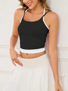 Women's Strappy Colorblock Crop Top, Backless Spaghetti Strap Cami Tank Tops For Summer Vacation