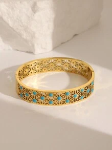 1 pièce Bracelet en acier inoxydable plaqué or vintage rétro style bleu marine goutte d'huile creux fleur, ton 18K, chic, convient pour le port quotidien des femmes, les fêtes ou en cadeau pour les vacances, les mariages