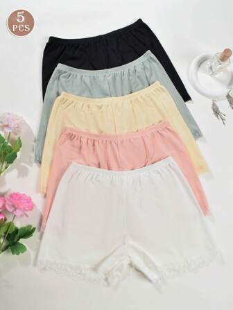 Set de 5 bragas de boyshort de punto acanalado con ribete de encaje de unicolor para mujeres, cómodas y protectoras