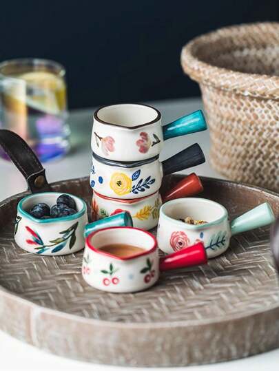 1PC Cute Long Handle Hand-Painted Ceramic Milk Pot Milk Pot Mini Small Milk Cup Coffee Accessories Milk Cup With Handle Western Food Juice Bucket Suitable For Restaurant Kitchen Seasoning,School Supplies