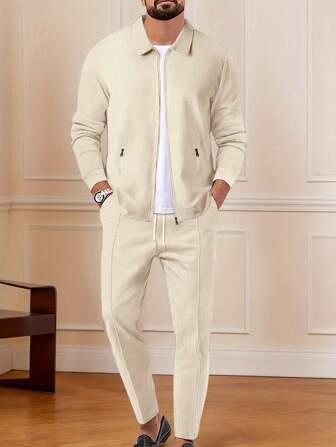 2件套男士提花拉链休闲运动纯色长袖西装，简约时尚