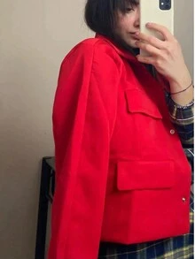 女士优雅休闲夹克 2025 春季口袋装饰长袖纯色外套 - 紅色 - 查看 5