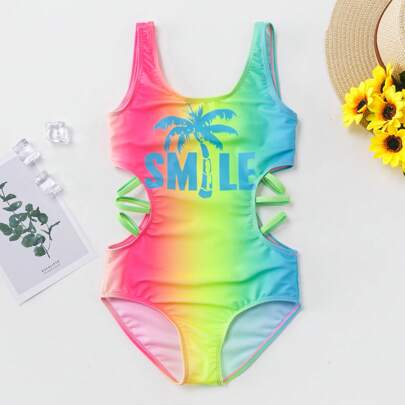 全新 5-14 岁女童和青少年连体泳衣，带侧镂空渐变彩虹印花，时尚女童泳装