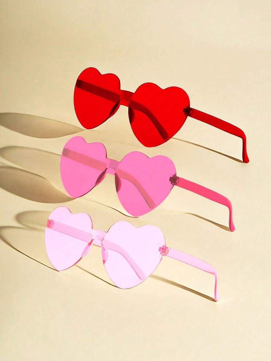 3 Pairs Of Transparent Jelly Colored Heart-Shaped Glasses, Borderless One-Piece Fun Candy Colored Heart-Shaped Glasses, Boys And Girls Valentine's Day Party Gifts - Multicolor - View 1