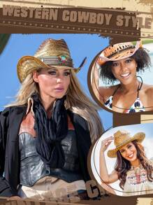 10 piezas de bandas para sombreros de vaquero, cinturones para sombreros occidentales, bandas para sombreros de vaquera rural de color turquesa, bandas para sombreros de vaquero con cuentas - A - Ver 2