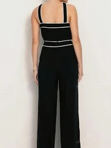 Conjunto de 2 piezas: Mono de pierna ancha con cinturón y escote cruzado de moda para mujer