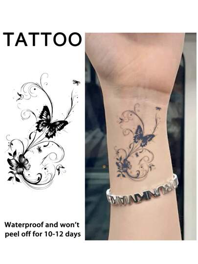 1 件蝴蝶临时纹身防水防汗持续 1-2 周逼真草本汁防摩擦不反光仿黑色假纹身男女纹身贴纸适用于手臂、胸部、腿部、腹部、腰部现代人体艺术