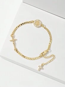 1pc Classic Fashion Micro-Inlaid Cubic Zirconia Copper Chain, Gold Plated, Multi-Layer Floral Embossed Catholic Saint Benedict & Jesus Cross Charm Bracelet, Suitable Gift For Mother/Valentine's Day/Couples/Sisters/Friends/Believers, For Daily Use & Prayers
