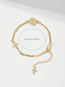 1pc Classic Fashion Micro-Inlaid Cubic Zirconia Copper Chain, Gold Plated, Multi-Layer Floral Embossed Catholic Saint Benedict & Jesus Cross Charm Bracelet, Suitable Gift For Mother/Valentine's Day/Couples/Sisters/Friends/Believers, For Daily Use & Prayers