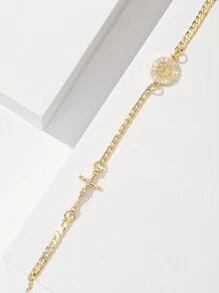 1pc Classic Fashion Micro-Inlaid Cubic Zirconia Copper Chain, Gold Plated, Multi-Layer Floral Embossed Catholic Saint Benedict & Jesus Cross Charm Bracelet, Suitable Gift For Mother/Valentine's Day/Couples/Sisters/Friends/Believers, For Daily Use & Prayers