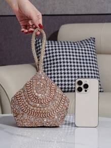 钻石装饰独特造型派对手拿包，优雅女士晚宴手提包，适合派对和活动 - 香檳色 - 查看 7
