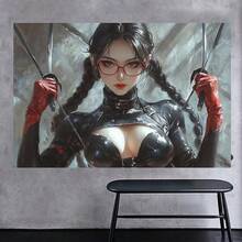 Femme Fatale With Blades Canvas Print, Shiny Black Outfit, Red Gloves, Choker Necklace, Long Braids, Glasses, Commanding Presence, Edgy Artwork - Canvas Painting(帆布畫) - 查看 2