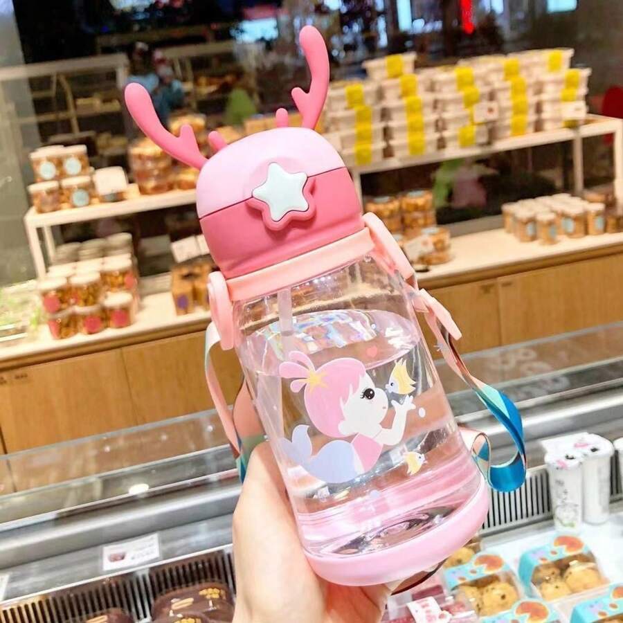 Cute Cartoon Kids Straw Cup Portable Baby Water Bottle Sealed Plastic Leakproof Small - 粉色 - 查看 1