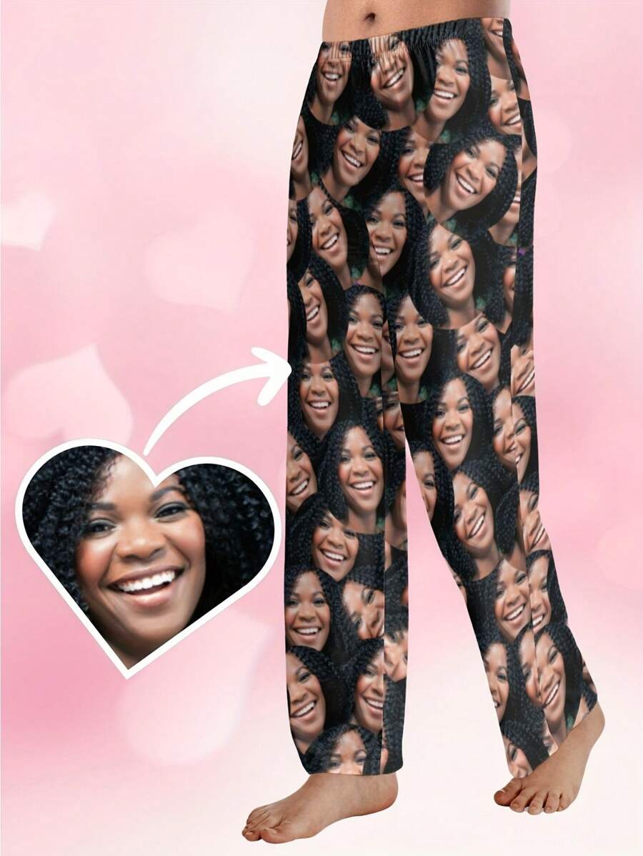 Custom Unisex Comfy Pants With Photo Pattern, Customized Men's Novelty Pajama, Fall & Winter - Black - View 1
