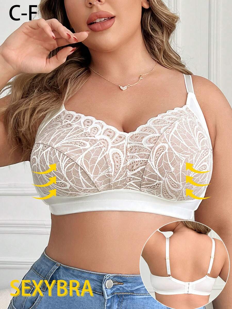Plus Size Women's Fashionable Lace Wireless Bra - White - View 1