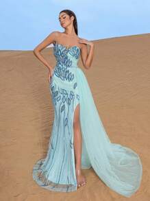 Faeriesty Haute Glamour Elegant Strapless Embroidered Gown With High Slit & Fitted Bodice - Perfect For Red Carpet Events, Gala Dinners, Weddings, And Luxury Cruises