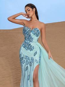 Faeriesty Haute Glamour Elegant Strapless Embroidered Gown With High Slit & Fitted Bodice - Perfect For Red Carpet Events, Gala Dinners, Weddings, And Luxury Cruises