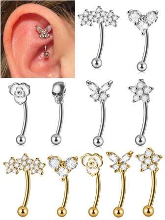 1 件不锈钢蝴蝶耳钉 Cz 花眉毛脐环花弧形杠铃耳屏软骨耳环耳钉